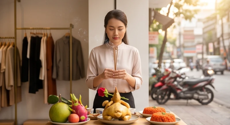 Chủ cửa hàng thắp hương trước mâm lễ cúng khai trương vào buổi sáng