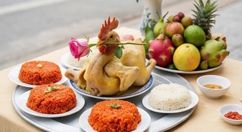 Văn khấn khai trương cửa hàng: Mẫu bài cúng và trình tự nghi lễ 1 Mâm lễ cúng khai trương cửa hàng với đầy đủ gà luộc, xôi ngũ sắc và trái cây tươi