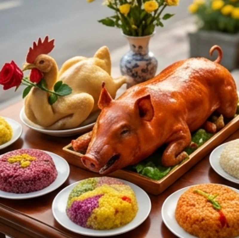 Mâm lễ mặn cúng khai trương nổi bật với heo sữa quay nguyên con và con gà luộc ngậm bông hồng đỏ