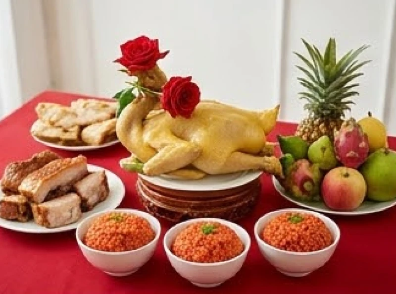 Mâm cúng khai trương quy mô lớn với gà luộc, heo quay và bộ tam sên truyền thống