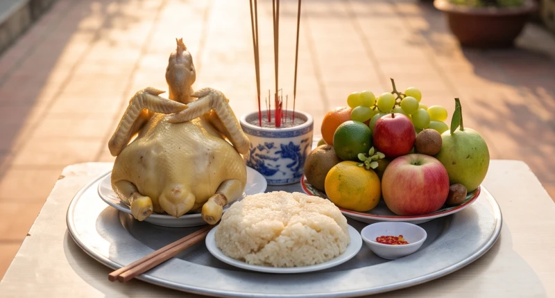 Tuổi Thìn khai trương ngày nào tốt: Giờ đẹp và văn khấn chuẩn 12 Mâm lễ cúng tươm tất với gà luộc chéo cánh, xôi nếp và đĩa ngũ quả tươi sáng đặt trước cửa hàng mới mở