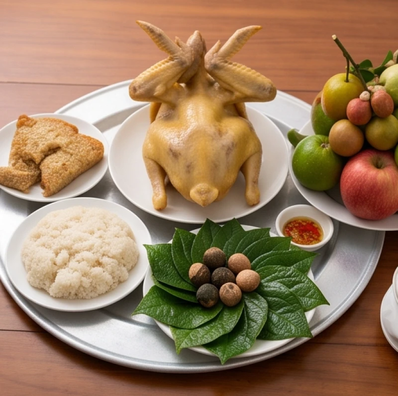 Mâm lễ mặn cúng cất nóc được bày biện đầy đủ với gà luộc chéo cánh, xôi và trầu cau
