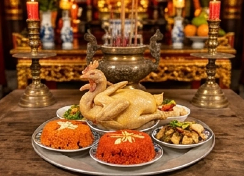 Văn khấn tại đền phủ: Trình tự dâng lễ & bài khấn chuẩn nghi lễ 5 Mâm lễ mặn gồm xôi gấc và gà luộc chéo cánh dâng lên ban Công Đồng thờ ngũ vị quan lớn