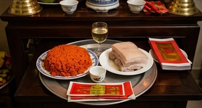 Đĩa xôi gấc đỏ tươi và khối thịt lợn luộc đặt trang trọng trên mâm cúng ban Trần Triều