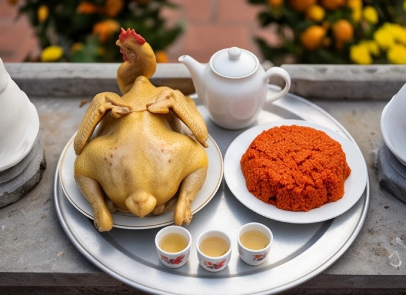 Gà trống luộc chéo cánh và đĩa xôi gấc dâng cúng trên bàn thờ thiên vào dịp lễ Tất niên