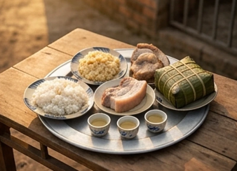 Văn khấn cúng chuồng heo chuẩn và cách sắm lễ đúng nghi thức 3 Mâm cúng mặn cho chuồng trại gồm xôi nếp, thịt luộc và bánh tét truyền thống