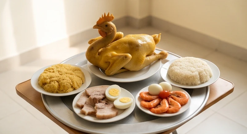 Văn khấn nhập trạch nhà thuê: Bài cúng và thủ tục tinh gọn 3 Mâm cúng đầy đủ với gà luộc chéo cánh, xôi chè và bộ tam sên đặt ngay ngắn trên bàn lễ