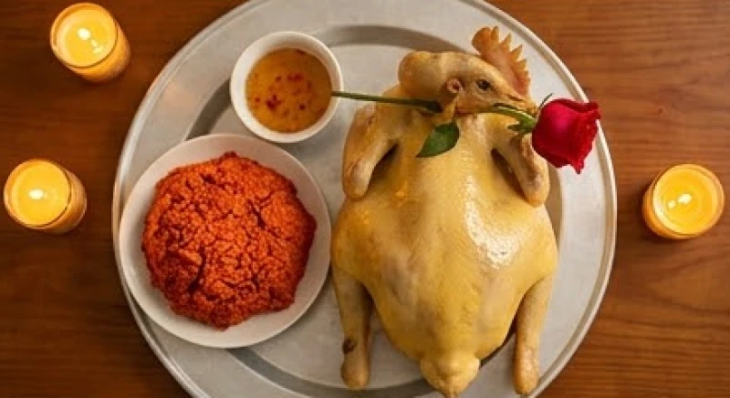 Văn khấn cầu tài lộc đầu năm: Bài cúng chuẩn tại gia và cửa hàng 4 Gà trống luộc ngậm hoa hồng được bày biện trang trọng cùng xôi gấc trên mâm cỗ mặn ngày Tết