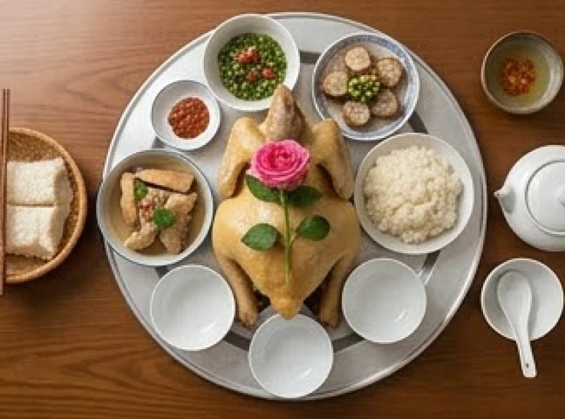 Mâm cỗ mặn truyền thống dâng lên bàn thờ ông bà gồm gà luộc xôi gấc và các món ăn thanh sạch tươm tất