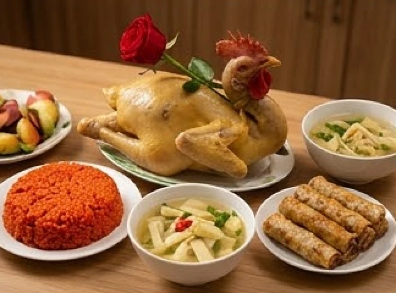 Mâm cỗ mặn truyền thống dâng gia tiên với gà luộc ngậm hoa hồng và xôi gấc