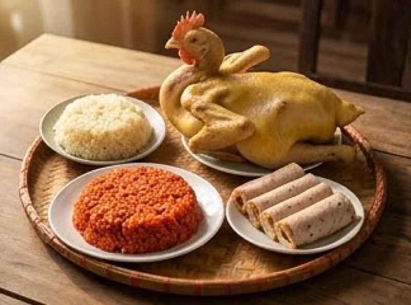 Mâm cúng mặn ngày khai hạ với gà luộc chéo cánh và xôi gấc đỏ tươi