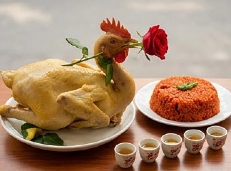 Mâm lễ mặn gồm gà trống luộc ngậm hoa hồng đĩa xôi gấc cùng kỷ nước và rượu được xếp ngay ngắn