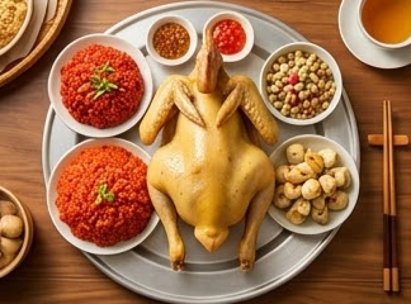 Mâm cúng mặn truyền thống với gà luộc cánh tiên và đĩa xôi gấc đỏ tươi dâng lên thần linh