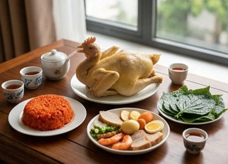 Mâm cúng mặn đầy đủ gồm gà luộc nguyên con, xôi gấc và bộ tam sên