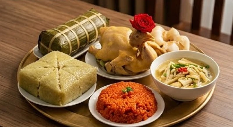 Văn khấn gia tiên mùng 1 Tết: Bài cúng chuẩn và trình tự hạ lễ 4 Mâm cỗ mặn truyền thống cúng mùng 1 Tết gồm bánh chưng xanh, gà luộc ngậm hoa hồng, xôi gấc và canh măng miến