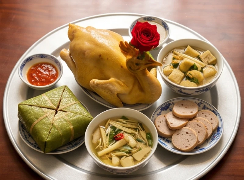 Mâm cúng mặn truyền thống với gà luộc ngậm hoa hồng, bánh chưng xanh, canh măng bóng và giò lụa thái lát