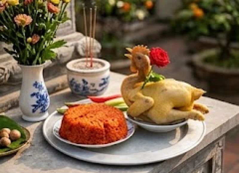 Mâm đồ lễ mặn tươm tất với xôi gấc và gà luộc ngậm hoa hồng bày trí chuẩn nguyên tắc đông bình tây quả