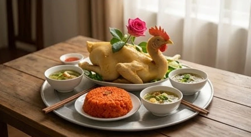 Mâm cúng mặn truyền thống gồm xôi gấc và gà luộc được bày biện đẹp mắt trong lễ dọn nhà mới