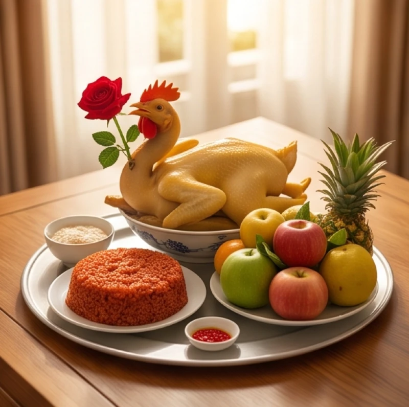 Mâm lễ cúng nhập trạch tươm tất với gà trống luộc ngậm hoa hồng xôi gấc và mâm ngũ quả tươi