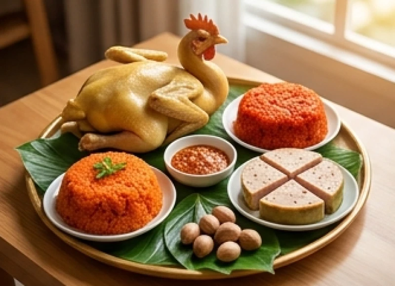 Mâm cúng mặn đầy đủ với gà luộc, xôi gấc, giò lụa để cúng nhập trạch cửa hàng mới