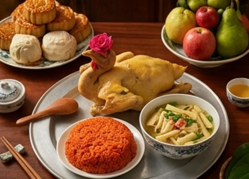 Văn khấn gia tiên Tết Trung Thu chuẩn và cách bày mâm lễ 4 Mâm cúng mặn với gà luộc ngậm hoa hồng, xôi gấc và canh măng bày biện đẹp mắt bên cạnh đĩa ngũ quả