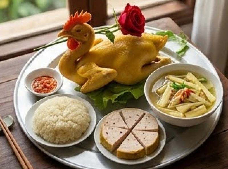Mâm cỗ mặn truyền thống với gà luộc ngậm hoa hồng, đĩa xôi gấc, giò lụa và bát canh măng nóng hổi