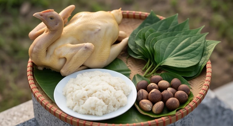 Văn khấn tạ long mạch ngoài mộ: Bài cúng chuẩn và lưu ý kiêng kỵ 2 Mâm cúng mặn dâng Thần linh gồm gà trống luộc ngậm hoa hồng, đĩa xôi trắng và trầu cau tươi