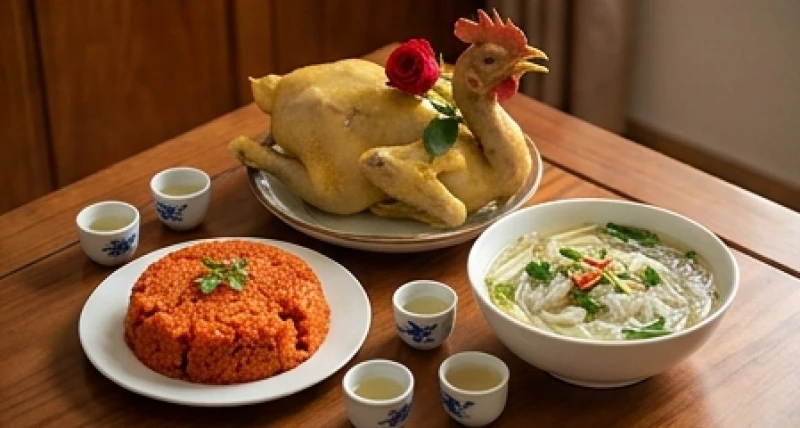 Mâm cơm cúng mặn truyền thống với gà luộc nguyên con, xôi gấc và bát canh miến bày biện đẹp mắt