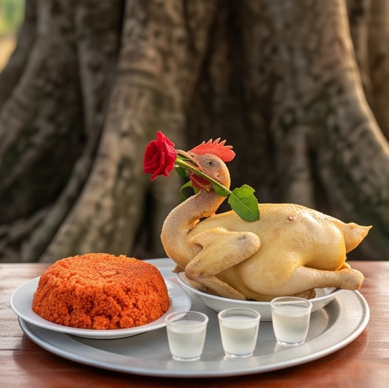 Văn khấn miếu cây: Bài cúng rằm mùng 1 và quy tắc sắm lễ 5 Lễ mặn dâng thần linh cây cổ thụ bao gồm gà luộc nguyên con, xôi dẻo và rượu trắng