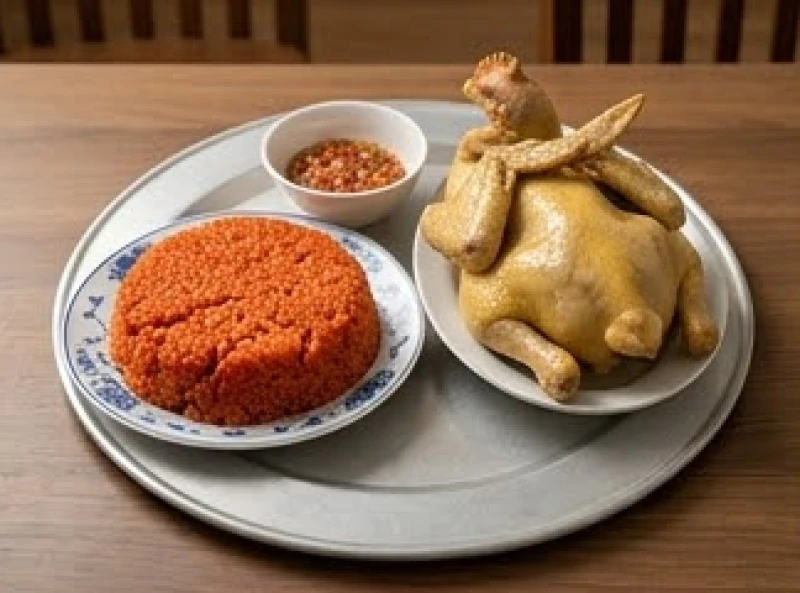 Đĩa xôi gấc đỏ và gà luộc chéo cánh được chuẩn bị chu đáo trong mâm cúng mặn xin lộc buôn bán