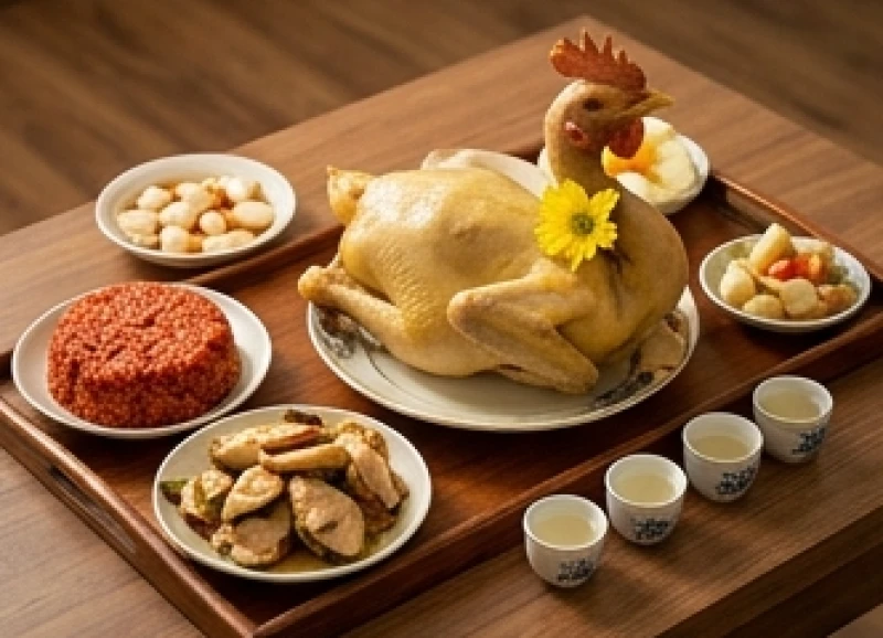 Mâm cúng mặn tươm tất gồm gà trống luộc ngậm hoa, xôi gấc đỏ và rượu trắng được dâng lên kính cáo thần linh, tổ tiên