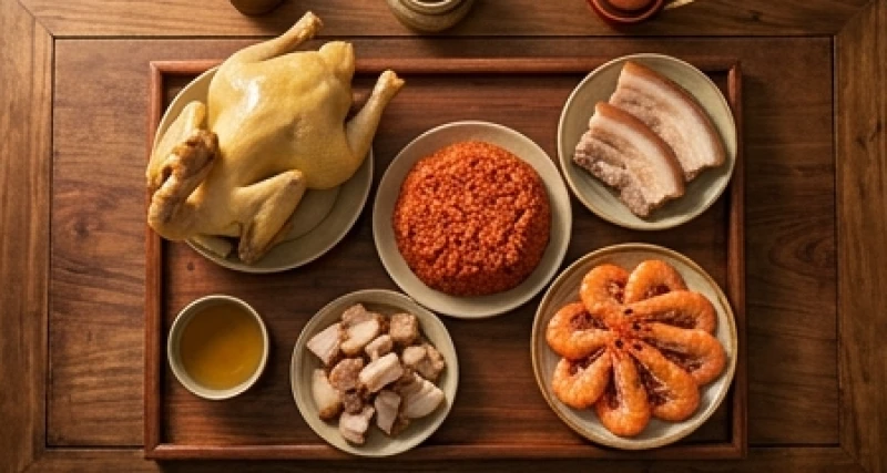 Chọn ngày tốt cho tuổi Thân: Tra cứu năm sinh và mâm cúng 5 Mâm cúng mặn tươm tất với gà luộc ngậm hoa, đĩa xôi gấc đỏ và bộ tam sên dâng lên thần linh thổ địa