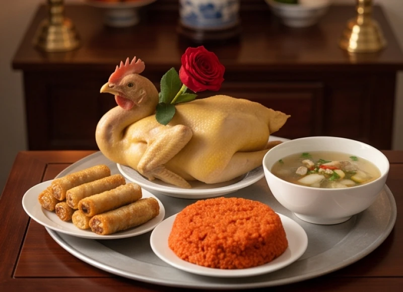 Mâm cỗ mặn truyền thống gồm gà luộc chéo cánh và xôi gấc bày biện ngay ngắn trên bàn thờ gia tiên