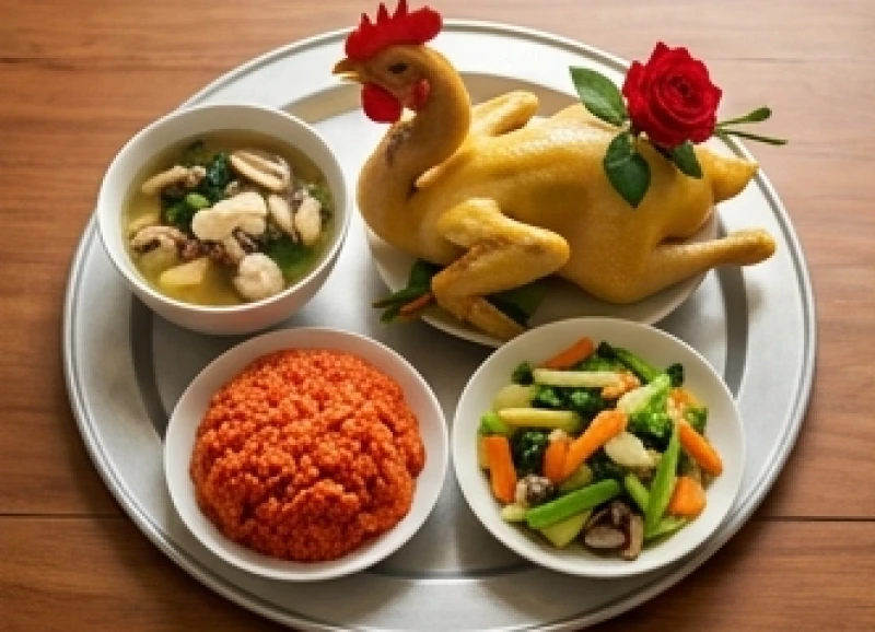 Mâm cơm mặn truyền thống với gà luộc, xôi gấc và canh thanh mát dùng trong lễ cúng liệt sĩ tại nhà