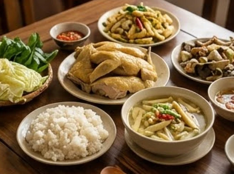 Mâm cỗ mặn truyền thống với các món thịt gà luộc, nem chua và bát canh măng đậm chất vùng miền