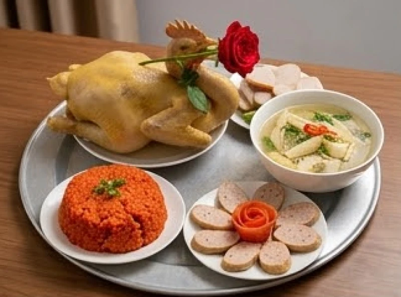 Mâm cúng mặn truyền thống dâng lên bàn thờ gia tiên gồm xôi gấc đỏ, gà luộc ngậm hoa hồng và canh măng