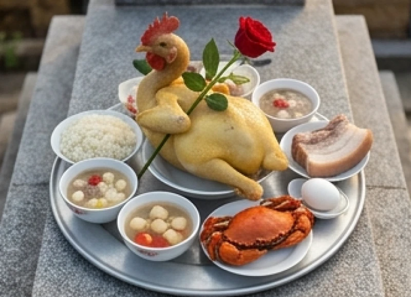 Mâm cúng Thổ thần với gà trống chẻn luộc chéo cánh ngậm hoa hồng, bộ tam sênh và xôi chè