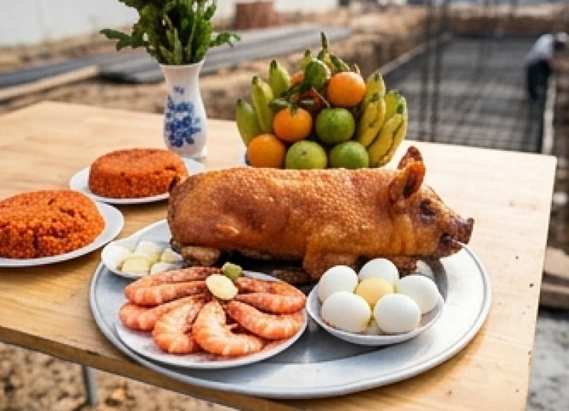 Mâm cúng mặn đặc trưng miền Nam với bộ tam sên và thịt heo quay vàng ruộm dâng lên Thần linh