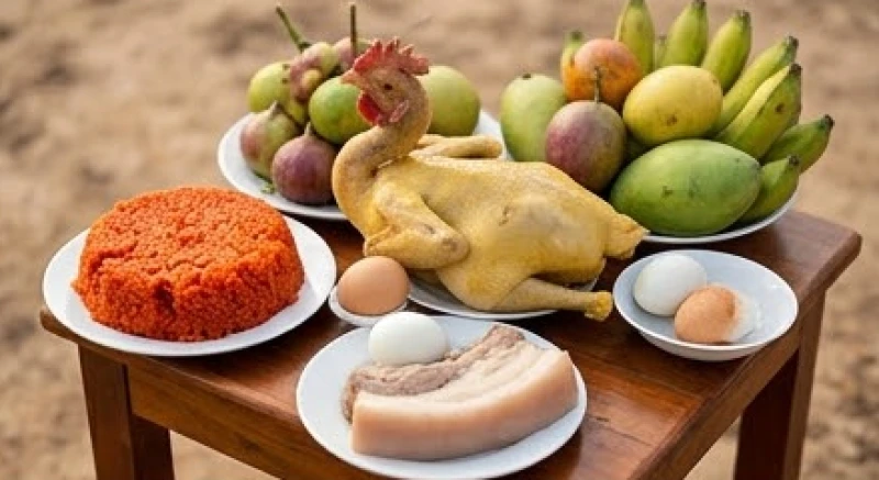 Chi tiết mâm cúng móng nhà với xôi gấc, gà trống luộc nguyên con, bộ tam sên và đĩa trái cây tươi