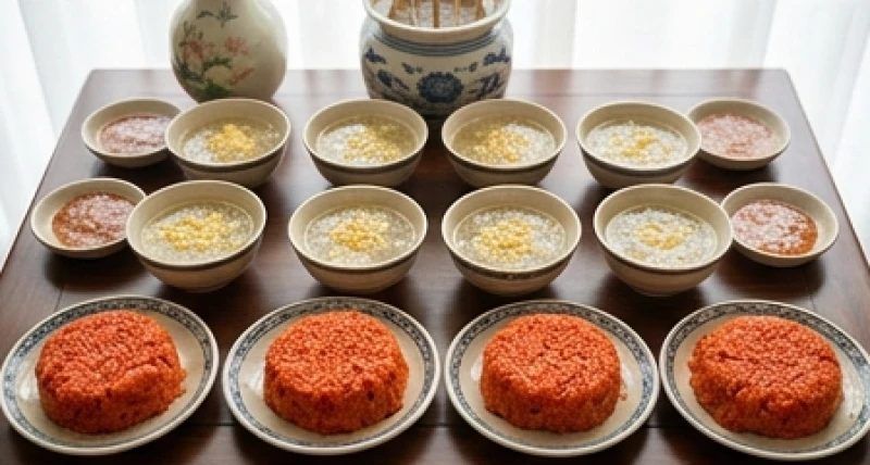 Mâm cúng 12 Mụ Bà trong lễ thôi nôi với xôi gấc, chè hoa cau được bày trí trang trọng