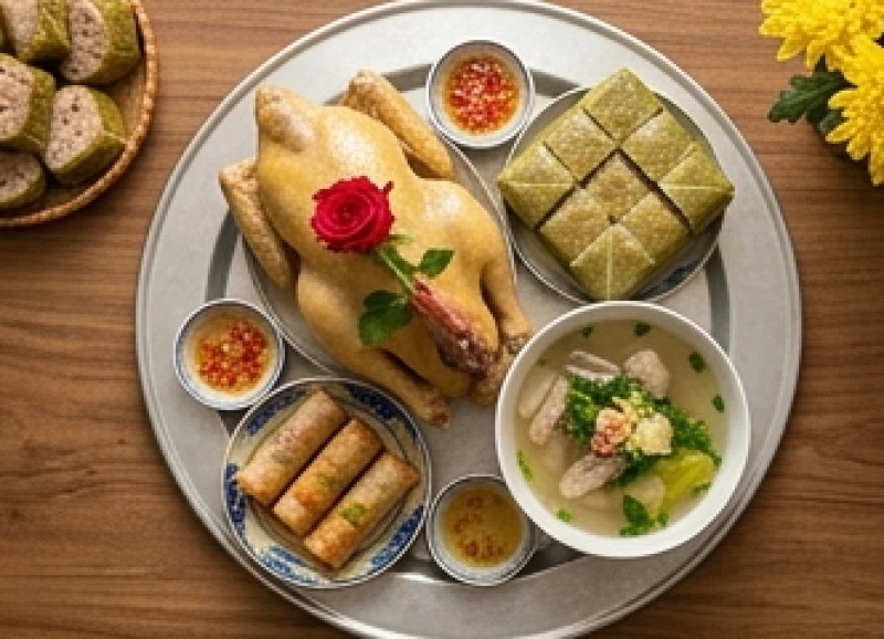 Văn khấn mùng 1 Tết: Bài cúng chuẩn, giờ đẹp và mâm lễ 3 miền 3 Mâm cỗ cúng mùng 1 Tết miền Bắc chuẩn vị với gà luộc ngậm hoa hồng, bánh chưng xanh và canh bóng thả