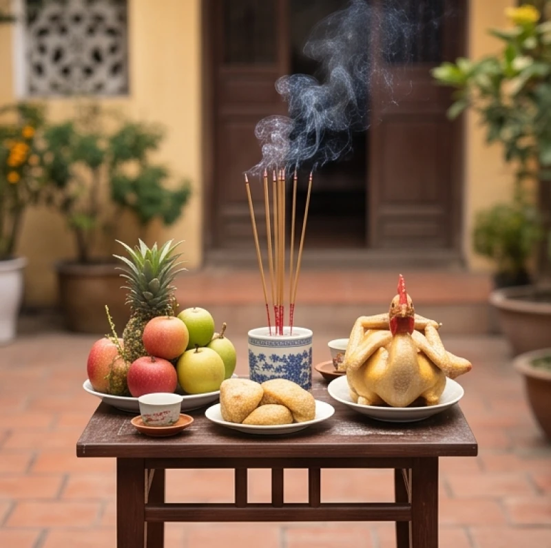 Văn khấn tất niên chiều 30 Tết: Bài cúng chuẩn và nghi thức hạ lễ 2 Mâm cúng thần linh ngoài sân được bày trí trang trọng trên một chiếc bàn nhỏ hướng ra phía cổng chính