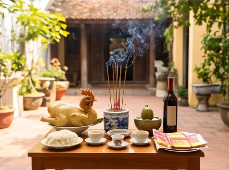 Mâm cúng các vị thần linh cai quản được đặt trang trọng ở ngoài sân thoáng đãng với xôi gà và vàng mã