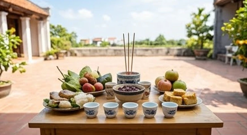 Văn khấn ngày mùng 5 tháng 5: Trình tự bài cúng đúng nghi thức 8 Mâm cúng bái tạ thiên địa đặt ngoài sân với 5 chén nước và đĩa xôi chè hướng ra không gian rộng mở
