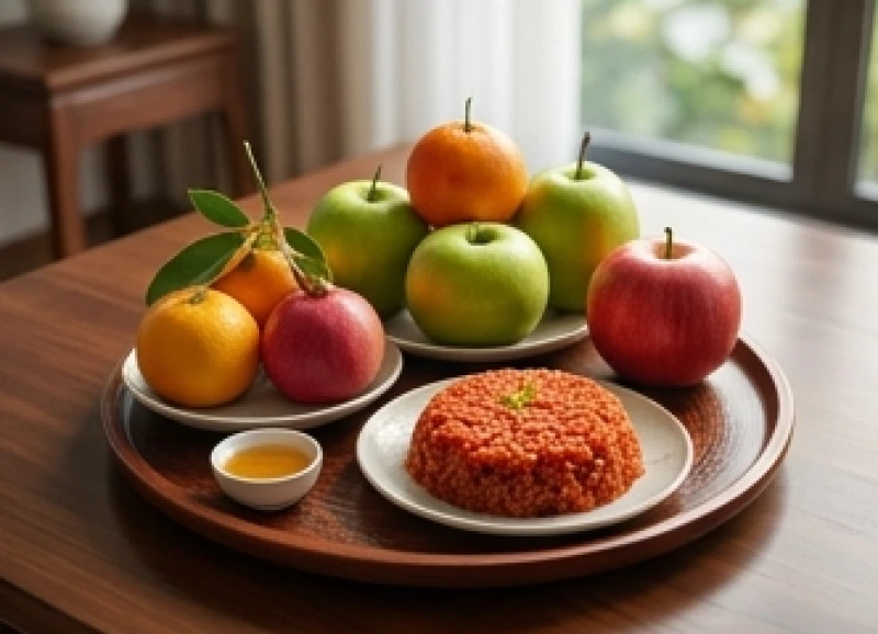 Tuổi Thìn nhập trạch ngày nào tốt: Giờ đẹp và mẹo hóa giải 9 Mâm ngũ quả 5 màu sắc rực rỡ cùng xôi gấc được bày biện trang trọng trên bàn thờ gỗ tự nhiên