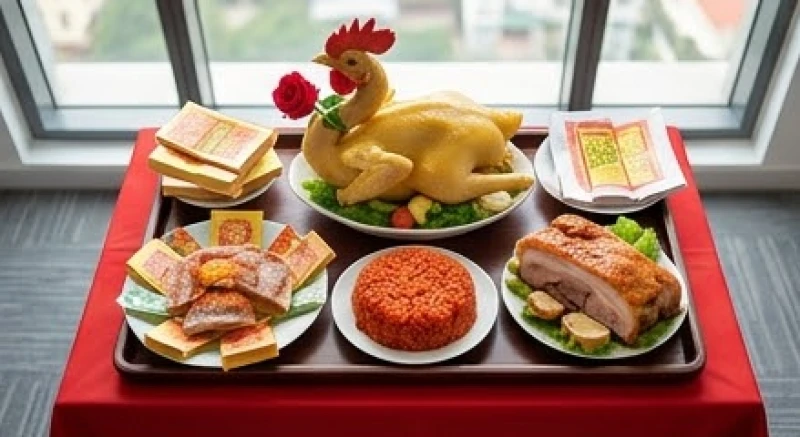 Văn khấn chuyển văn phòng: Bài cúng chuẩn và thủ tục nhập trạch 4 Mâm cúng nhập trạch văn phòng gồm gà luộc nguyên con, xôi gấc, heo quay và giấy tiền vàng mã.