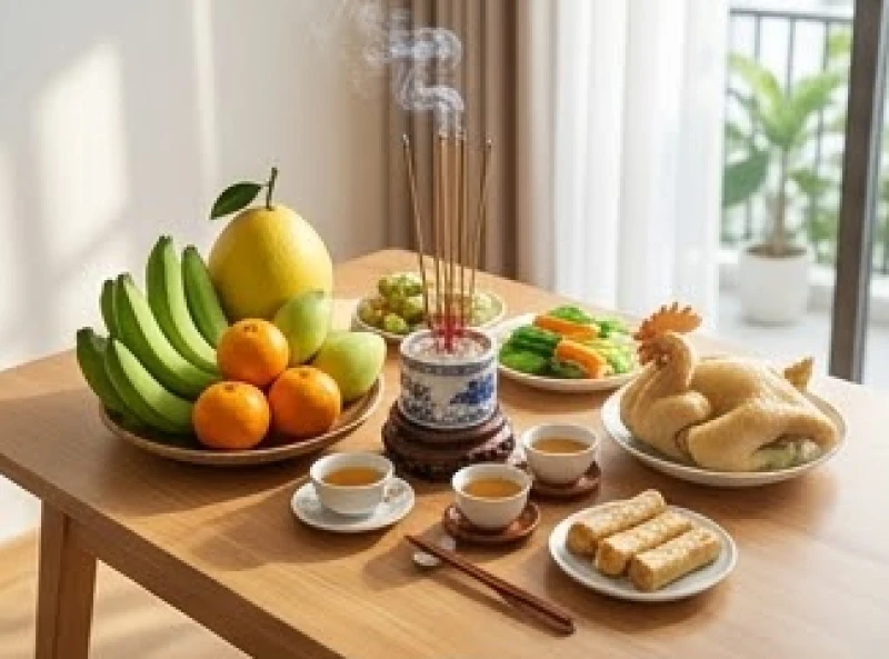 Mâm cúng nhập trạch tươm tất đặt trang trọng trước ban thờ thần linh trong ngôi nhà mới