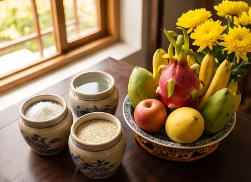 Mâm lễ vật tươm tất với hoa tươi, ngũ quả và ba hũ muối, gạo, nước sẵn sàng cho nghi thức nhập trạch