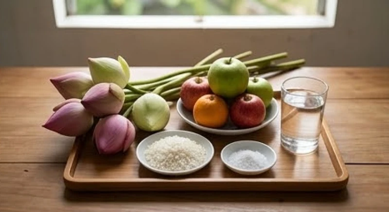 Văn khấn phóng sinh Rằm tháng 7: Bài chuẩn & cách thả an lành 2 Mâm lễ cúng phóng sinh đơn giản với hoa sen, trái cây tươi, nước lọc và đĩa gạo muối đặt trên bàn