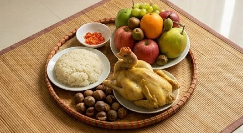 Văn khấn về phòng trọ mới: Bài cúng chuẩn và mâm lễ tối giản 4 Mâm cúng nhập trạch truyền thống với xôi gà, trái cây ngũ sắc và trầu cau têm cánh phượng